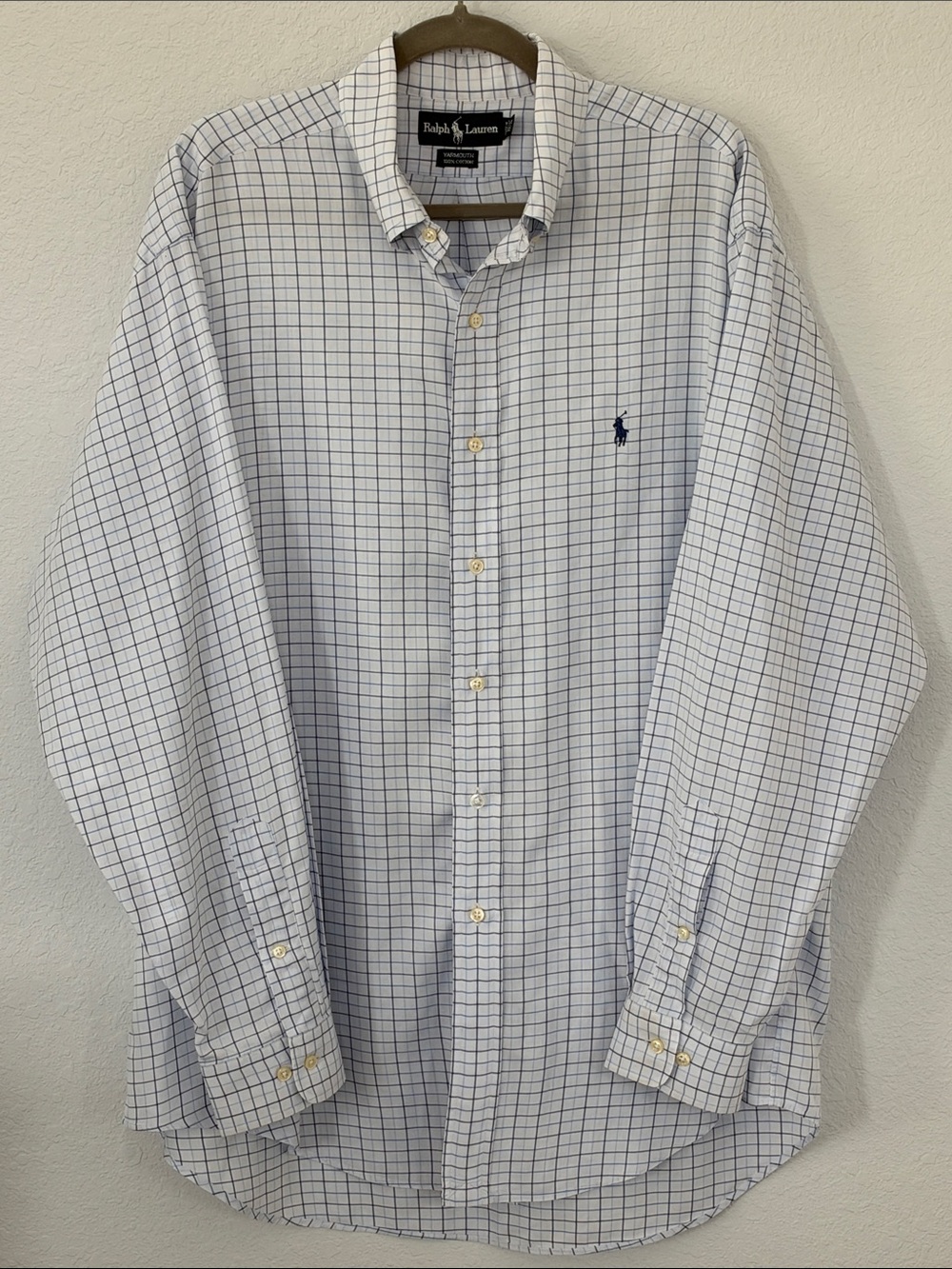 Ralph Lauren Yarmouth Men's 16.5 34/35 Blue Windowpane Cotton Dress Shirt